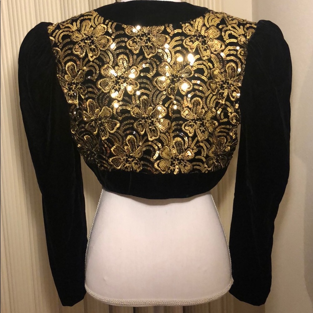 GORGEOUS Black Velvet Bolero with Gold Sequins - Picture 2 of 5
